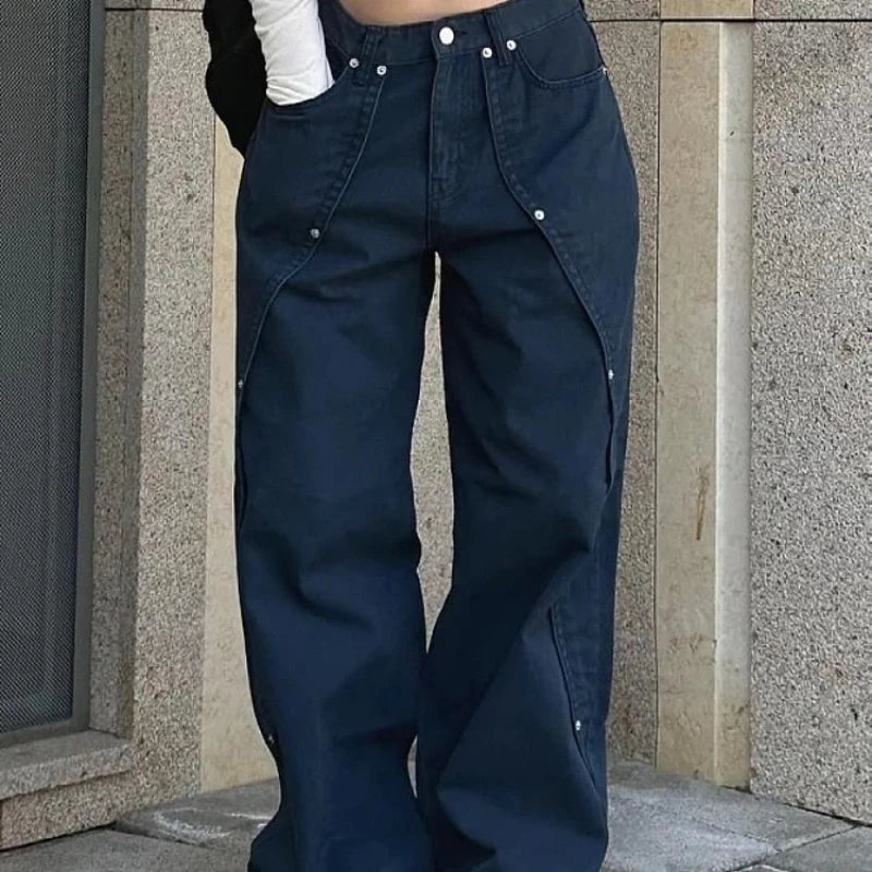 Jeans for Woman Y2k Clothes Relaxed Loose Fit Wide Leg Trousers Vintage American Retro Style with Rivet Patchwork Split Design - Matrix-studios.com