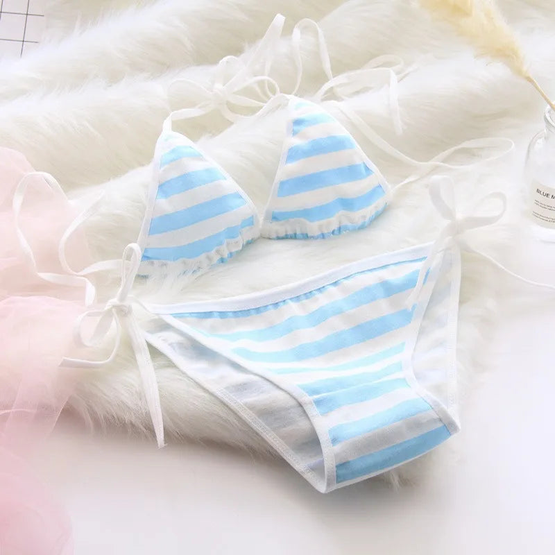 Lace-up Strap Blue and White Striped Set, Blue and White Fat Inner Two-piece Set Womens Lingerie Set  Bra Set  Sexy - Matrix-studios.com