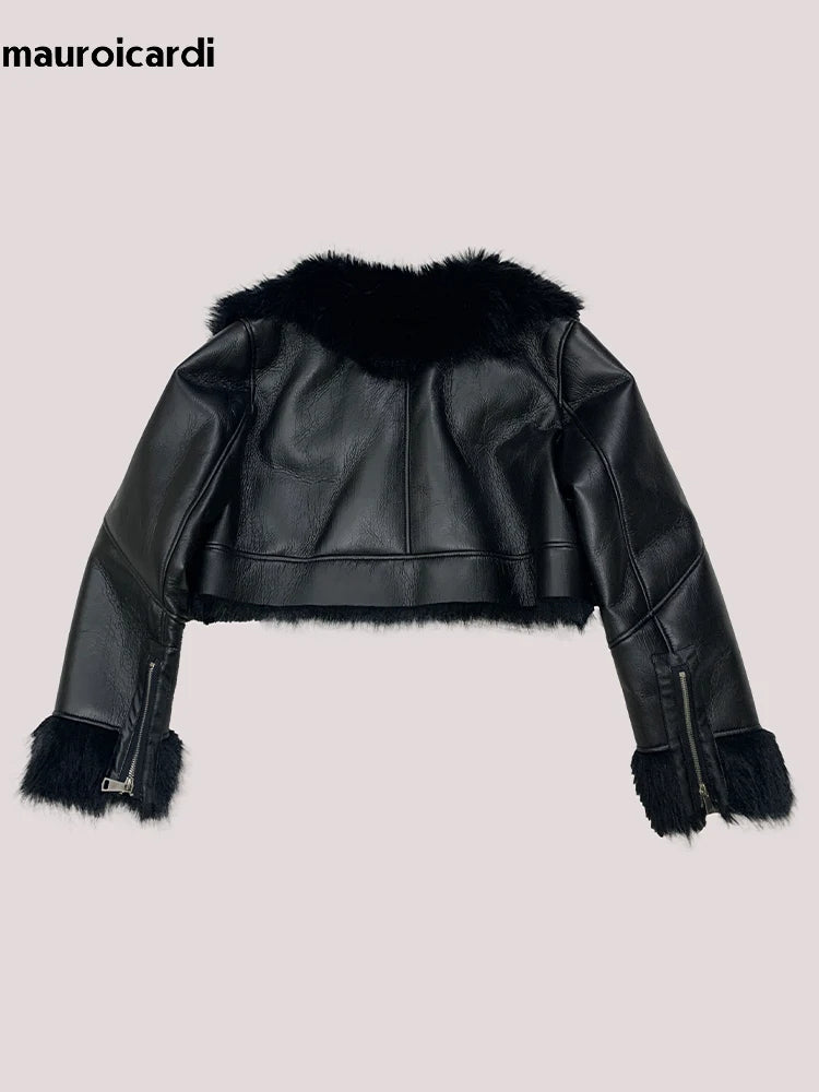 Mauroicardi Autumn Winter Short Thickened Black Warm Soft Faux Sheepskin Coat Women Loose Casual Chic Fluffy  Jacket 2025 - Matrix Studios
