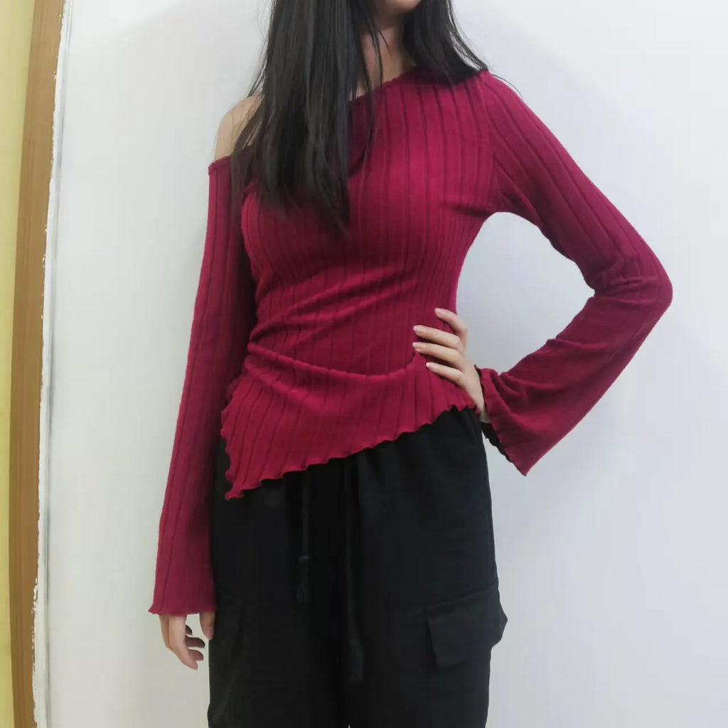 Women's Off-Shoulder Cross Long-Sleeved Slim Fit T-Shirt Asymmetrical Street Style Casual Elegant Top with Trumpet Sleeves - Matrix-studios.com