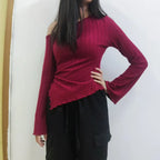 Women's Off-Shoulder Cross Long-Sleeved Slim Fit T-Shirt Asymmetrical Street Style Casual Elegant Top with Trumpet Sleeves - Matrix-studios.com