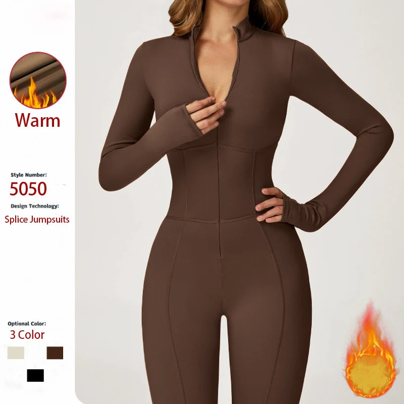 Winter Warm Fleece Sports Jumpsuits Fitness Suits Women's Sportswear Zipper Long Sleeves Tops One-Piece Dance Bodysuit Female - Matrix Studios