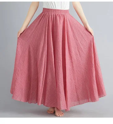 28-Color Mori Girl Literary Cotton Linen Dress Elastic Waist A-line Expansion Skirt Solid Color Ethnic Style Women Long Skirts - Matrix-studios.com