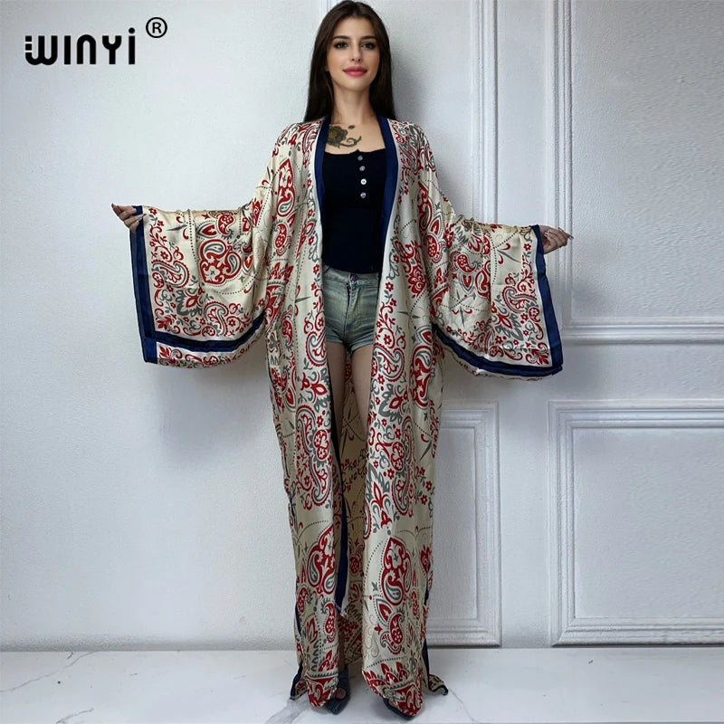 WINYI 2022 africa Boho Printed Long Kimono Dress Bikini Wrap Cover-ups Women Summer Clothes Beach Wear Swim Suit Cover Up kaftan - Matrix Studios