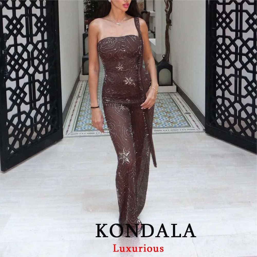 KONDALA Sexy Chic Women Transparent Pants Sequins Straight Wide Leg Pants Fashion 2025 Spring Summer Holiday Party Trousers