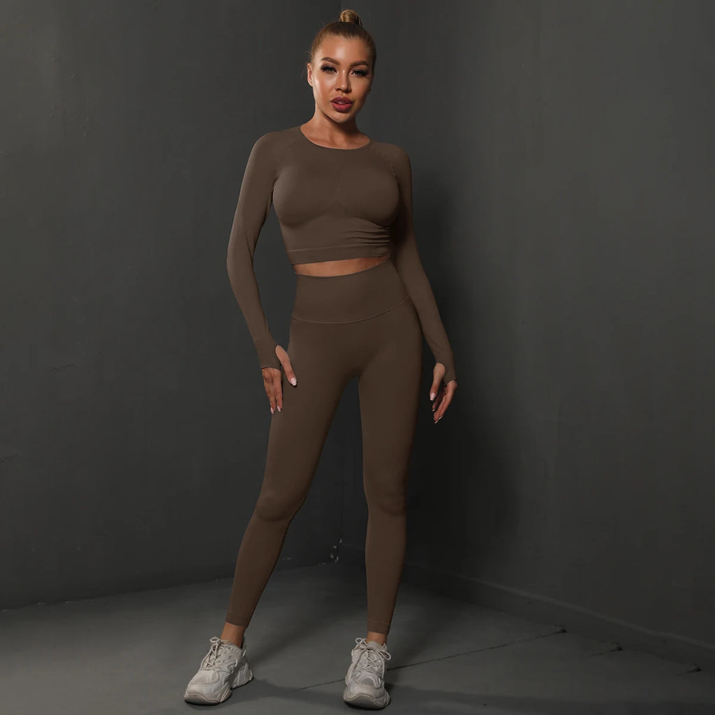 2Pcs Women Sets Energy Seamless Gym Suits Bubble Butt Sports Pants+Long Sleeve Shirts Push Up Running Sets Tracksuits Tights Set - Matrix-studios.com