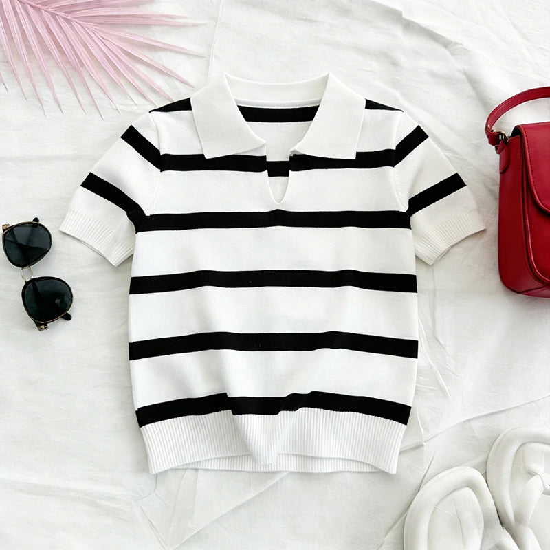 Red White Striped Summer Knit Polo Top Women's Short Sleeve Collared Shirt Lightweight Elastic Casual Daily Knitted Blouse Tee - Matrix-studios.com