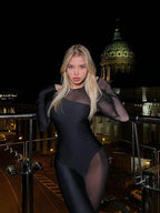 Hipster Tight Jumpsuit Woman Midnight Overalls Streetwear O-Neck Long Sleeve Zipper Sexy See Through Mesh Rompers Women Jumpsuit - Matrix Studios