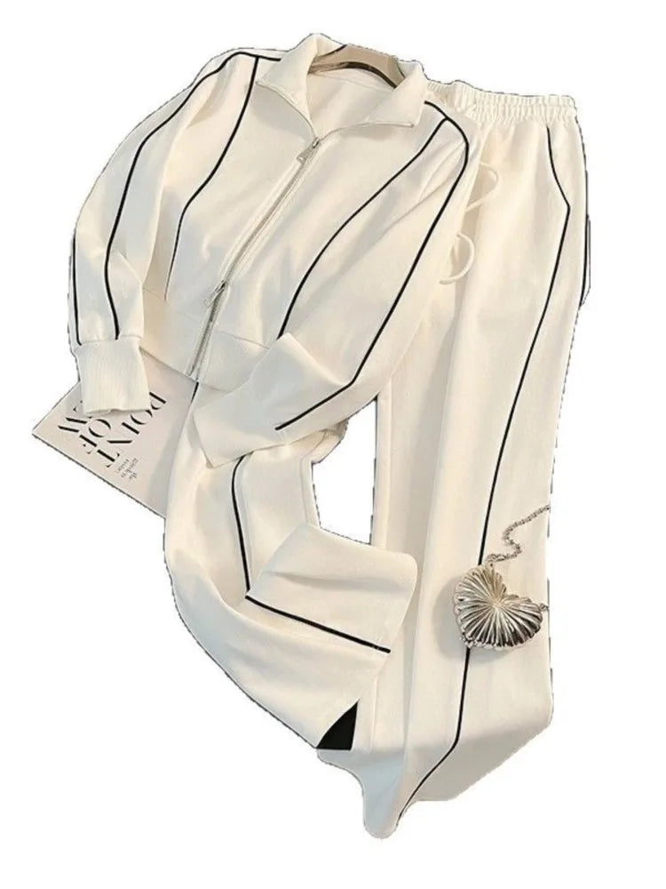 Woman's Color Blocking Sportswear Set Spring Autumn Fashion Flip Collar Zipper Coat Long Pants Two-piece Set Lady Leisure Outfit - Matrix-studios.com
