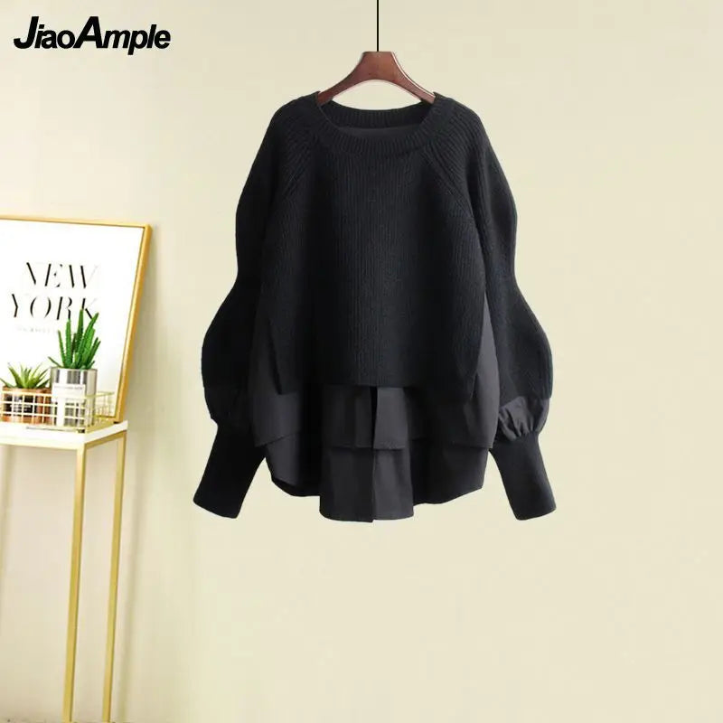 Women's Spring Autumn New Fashion Fake Two Piece Knit Sweater+Strap A-line Skirt Suit Korean Elegant Pullover Dress Matching Set - Matrix-studios.com