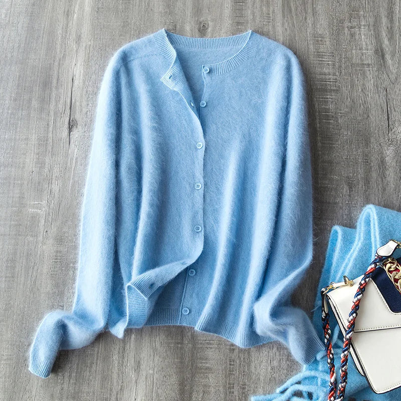 Brushed Wool Cashmere Warm Cardigan Women, O-Neck Seamless Soft Sweater - Matrix Studios