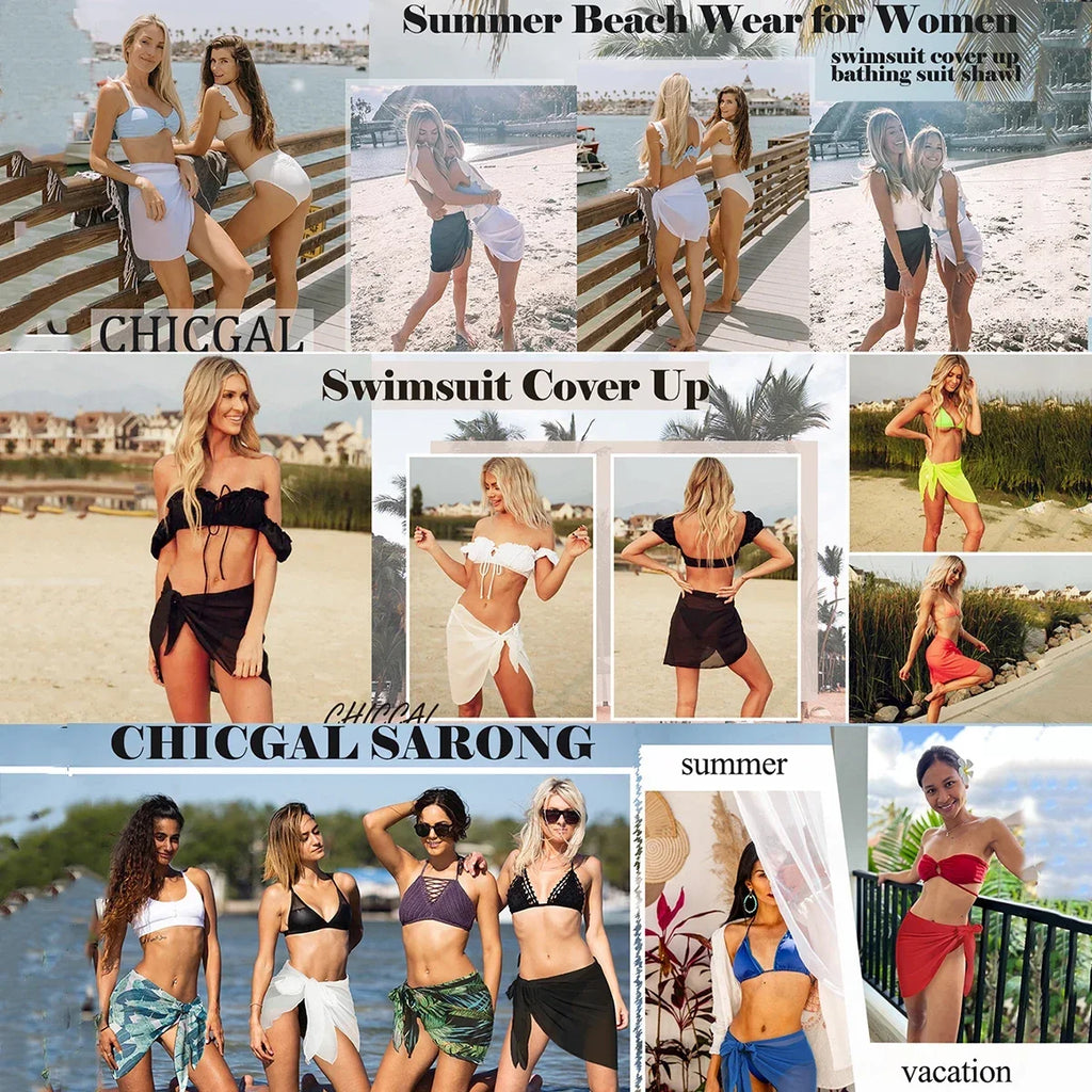 Women Summer Short Sarongs Swimsuit Coverups Beach Bikini Wrap Sheer Short Skirt Chiffon Scarf Cover Ups for Swimwear - Matrix Studios