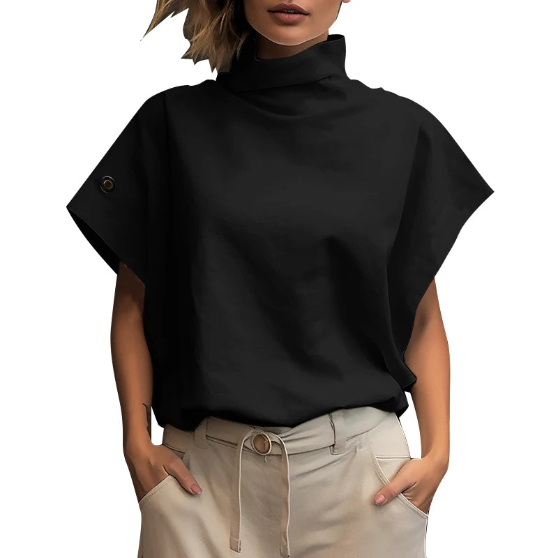 Women Fashion OL Work Shirt 2024 ZANZEA Summer Elegant Turtleneck Short Sleeve Blouse Casual Loose Office Tops Party Blusas - Matrix-studios.com