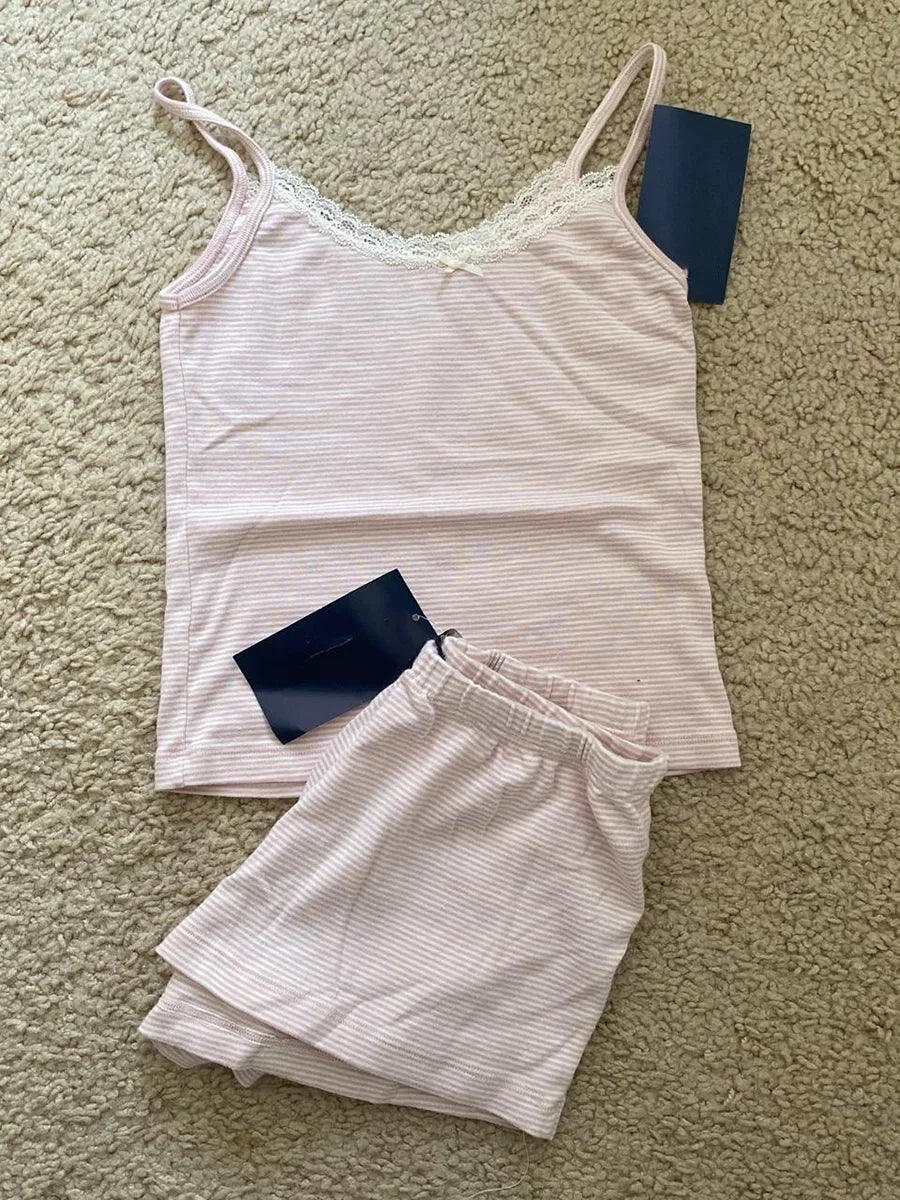 Strawberry Vest Shorts 2 Pieces Set Woman Eyelet Bow Slim Tank Top with Elastic Waist Patchwork Straight Short Pant Sweet Sets - Matrix-studios.com