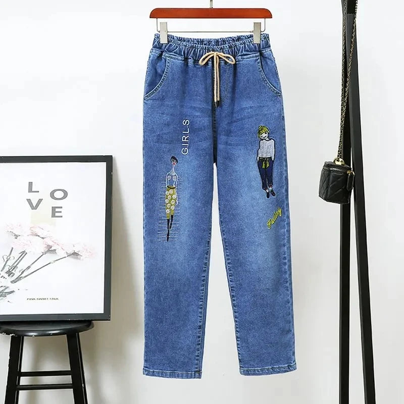 Middle-aged Women's Jeans Spring Autumn Stretch Waist Straight Denim Pants Large Size Loose High Waist Casual Black Blue Trouser - Matrix-studios.com