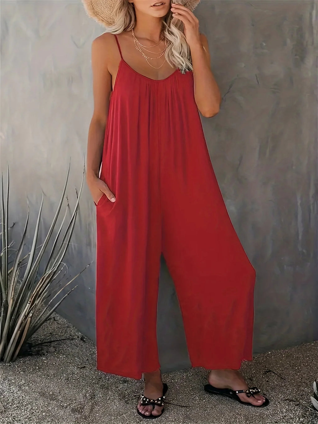 Plus Size Women's 2025 Summer Jumpsuit - Sleeveless Wide Leg Romper with Side Pockets, Casual One Piece Outfit - Matrix Studios