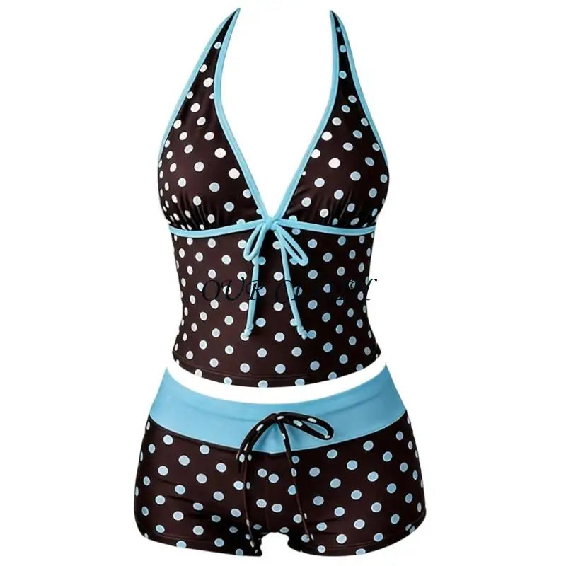 Women Polka Dot Tankini Swimsuit Halter V Neck Tie Front Waist Boyshort Set Contrast Color Stretch Beach Bathing Suit - Matrix-studios.com
