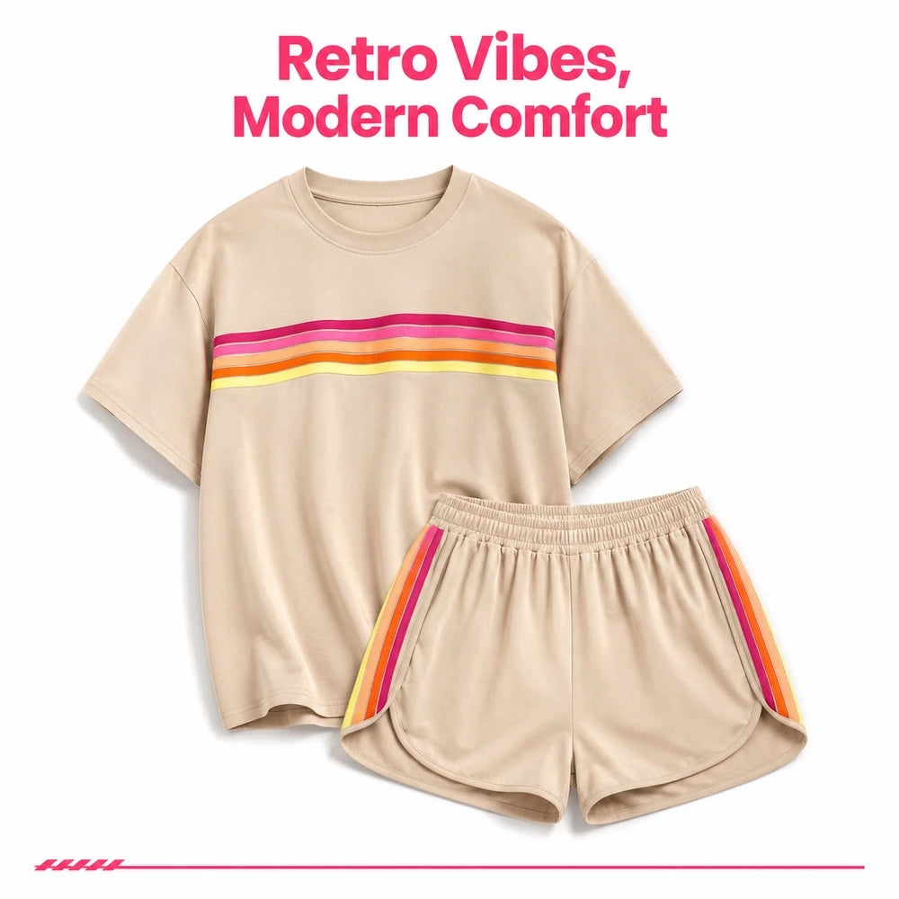 2 Piece Women's Short Set Short Sleeve Crew Neck T Shirt and Elastic Waist Shorts Retro Rainbow Striped Casual Lounge Wear Matching Outfit Relaxed Fit with Curved Hem Side Split for Streetwear Vacation Summer - Matrix-studios.com