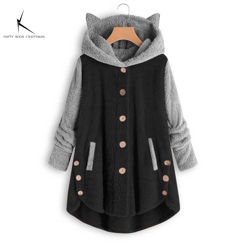 Cat Print Long Hoodies Sweatshirt Women Fleece Warm Button Pocket Pullovers Cat Ear Plus Size Hoodie Top Blouse Sweat Femme - Matrix Studios
