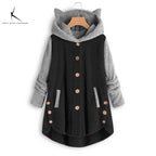 Cat Print Long Hoodies Sweatshirt Women Fleece Warm Button Pocket Pullovers Cat Ear Plus Size Hoodie Top Blouse Sweat Femme - Matrix Studios