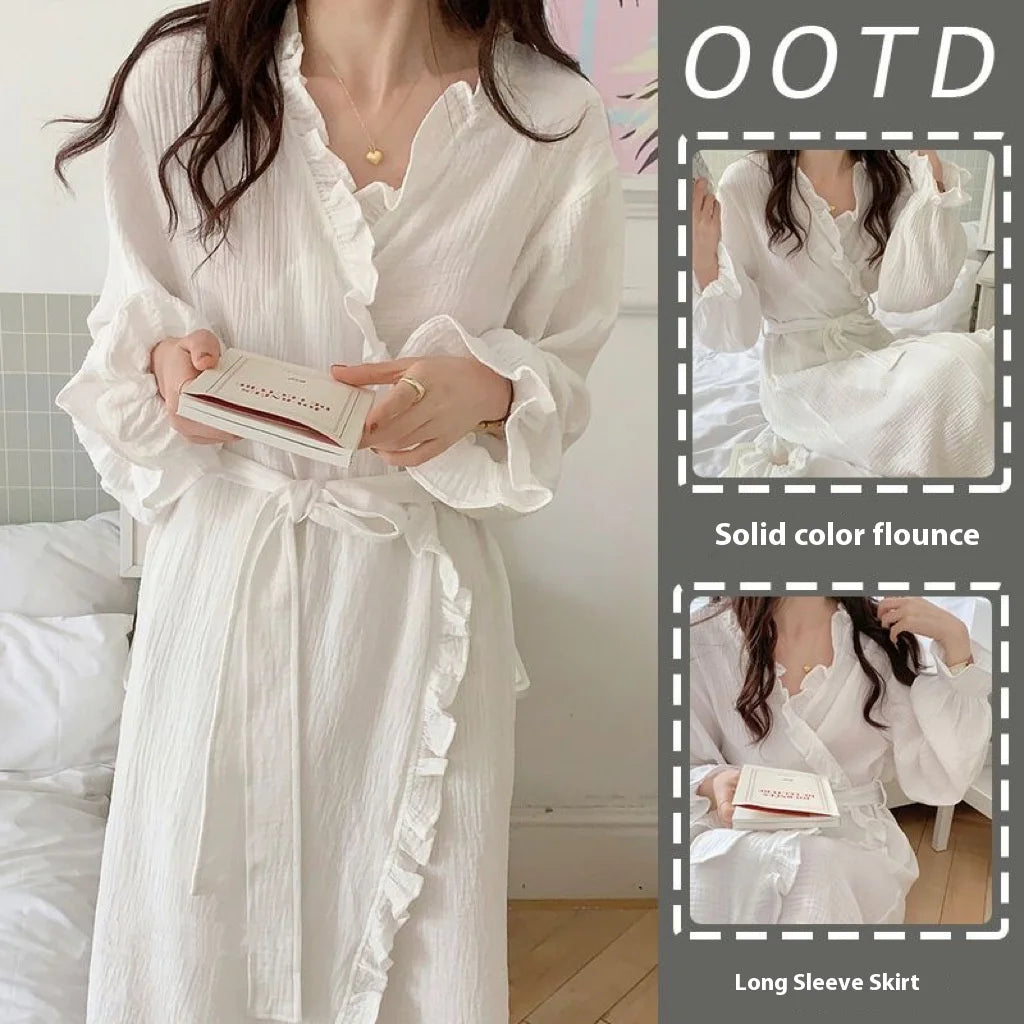 Women's Spring and Summer New Simple Long-Sleeved Robe Girls Sweet Ins Wind Ruffled Thin Section of Solid Color Pajamas Home Wea - Matrix-studios.com