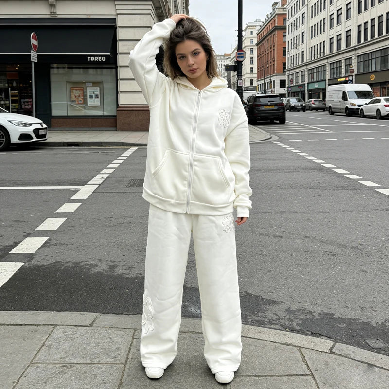 Women Men Unisex Floral Zip Up Hoodie Sweatshirt & Wide Leg Pants Set Two Piece Outfit Casual Streetwear Loungewear