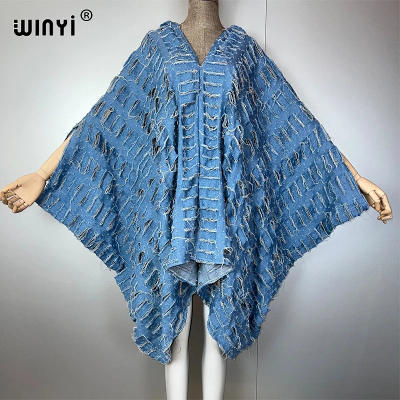 WINYI Original V Neck Denim Sexy Short Dress with Holes New Fashion Africa Womens Party Holiday Casual Maxi Beach Dress - Matrix Studios