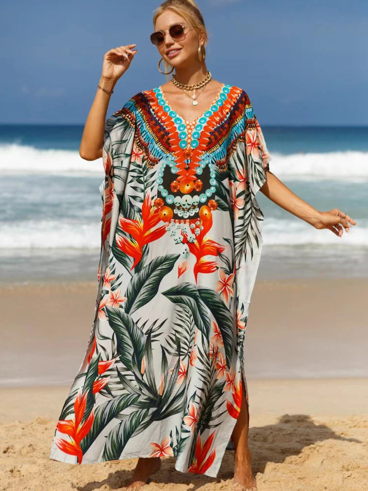 Kaftan Dresses Tropical Printed Cover Ups for Swimwear Women Elegant Maxi Robe Holiday Bathing Suits Dropshipping Hot Sales - Matrix Studios