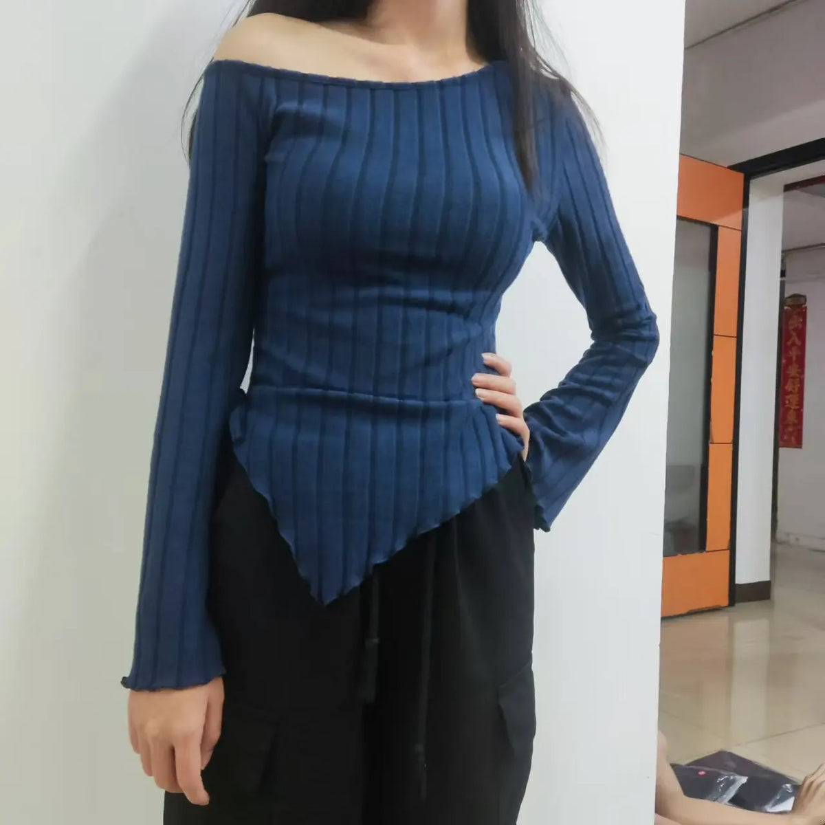 Women's Off-Shoulder Cross Long-Sleeved Slim Fit T-Shirt Asymmetrical Street Style Casual Elegant Top with Trumpet Sleeves - Matrix-studios.com