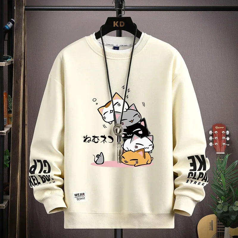 Spring Men's Sweatshirt Japan Cartoon Cats Printed Long Sleeve T-shirt Fashion Men's Clothing Khaki O Neck Harajuku Top 2024 New - Matrix Studios
