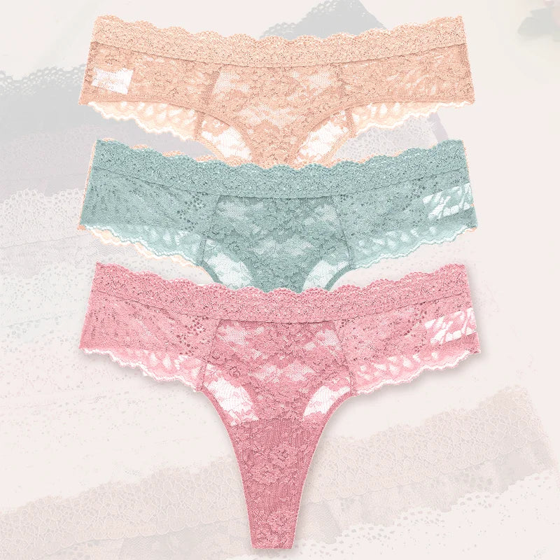 3Pcs Lace Sexy Thongs Women Low-Rise Briefs Sexy Soft Ladies Underwear Trendy Floral Underpants Female Flowery Panty Lingerie - Matrix Studios