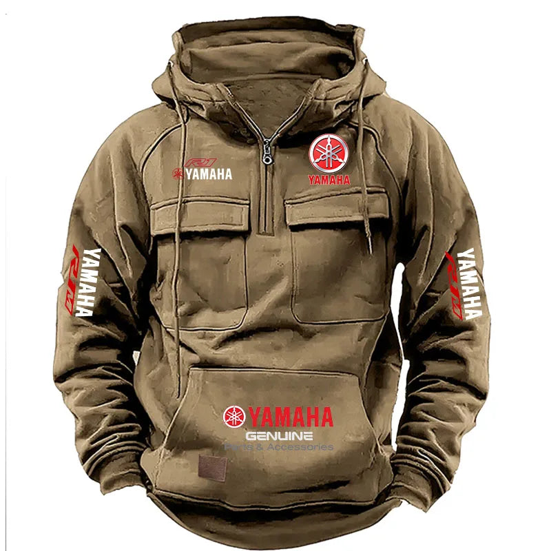2026 New YAMAHA Logo Motorcycle Racing Race Retro Velvet Half Zipper Hoodie Men's Multi Pocket Autumn/Winter Casual Sweatshirt - Matrix Studios