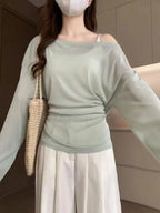 See Through Long Sleeve Oversize T Shirt Women Sexy Back Bandage Off Shoulder Top Female Basic Long Tees Korean Chic Lady New - Matrix-studios.com