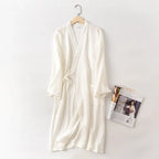Couples Crepe Gauze Bathrobe Solid 100% Cotton Robe Long-sleeved V-neck Kimono Wedding Robes Sleepwear Plus Size Dressing Gown - Matrix-studios.com