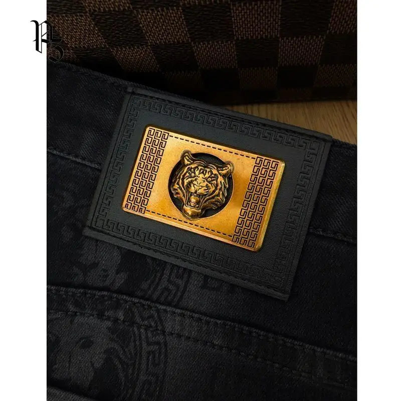 Spring and Autumn Korean Slim Jeans for Men 2025 High-end Luxury Clothing Black Printing Mid-waist Stretch Casual Pencil Pants - Matrix Studios