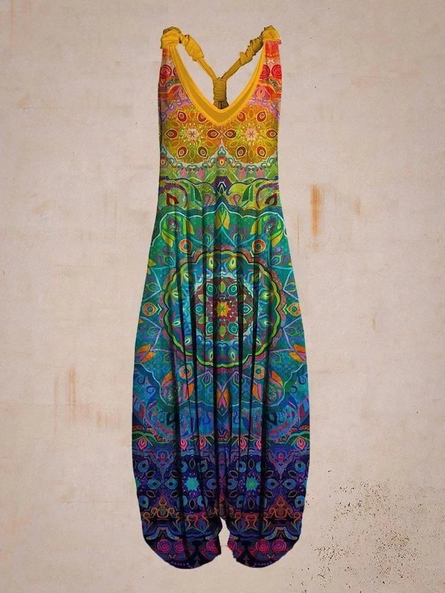 Wide Leg Bohemian Loose Overall Jumpsuit Ethnic Mandala Vintage Paisley Printing Women Rompers Backless Harem Bloomers Playsuit - Matrix Studios