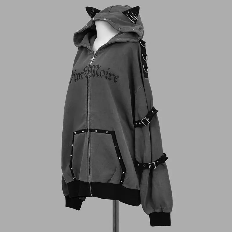 Streetwear Harajuku Hoodies Jackets Women's Clothing Hooded Punk Zipper Coat Japanese Rivet Print Fashion Casual Y2k Sweatshirts - Matrix Studios