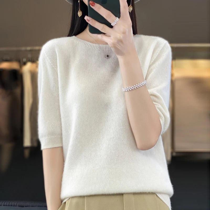 100% Merino Wool Women's O Neck Knitted T-Shirt Korean Pullover Short Sleeve Sweater Women's Basic Solid Color Half Sleeve Women - Matrix Studios