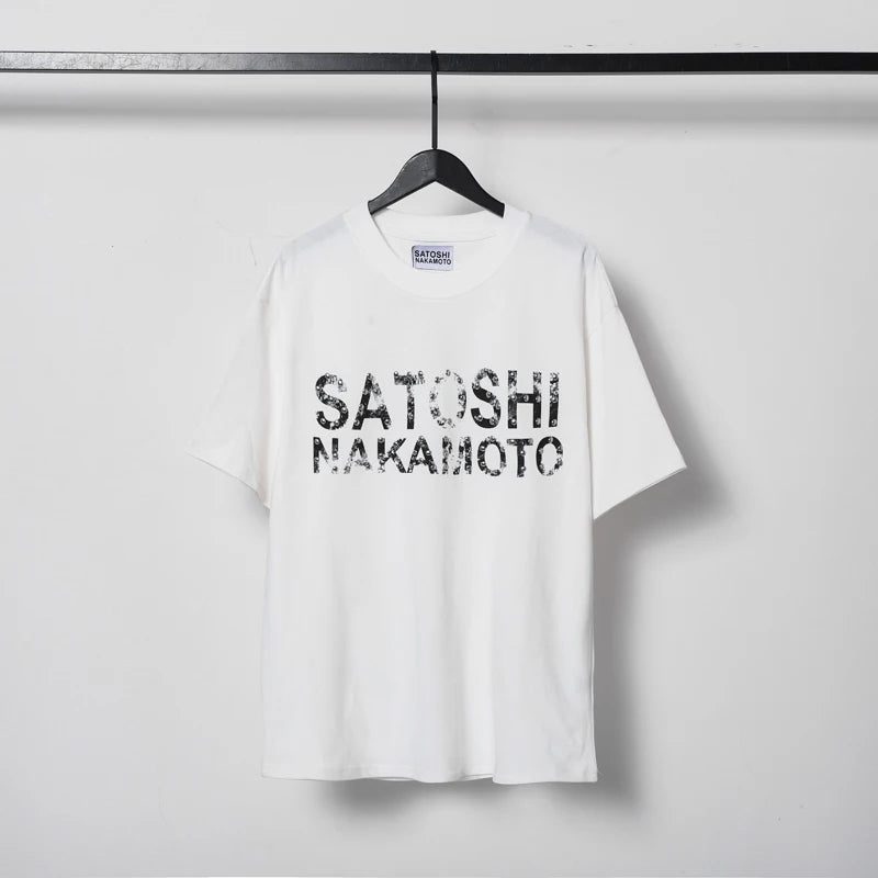 Fading Letter Print Hole SATOSHI Tshirts Breathable Cotton Round Neck Short Sleeve Summer Street Casual Tops Men Women White Tee - Matrix-studios.com