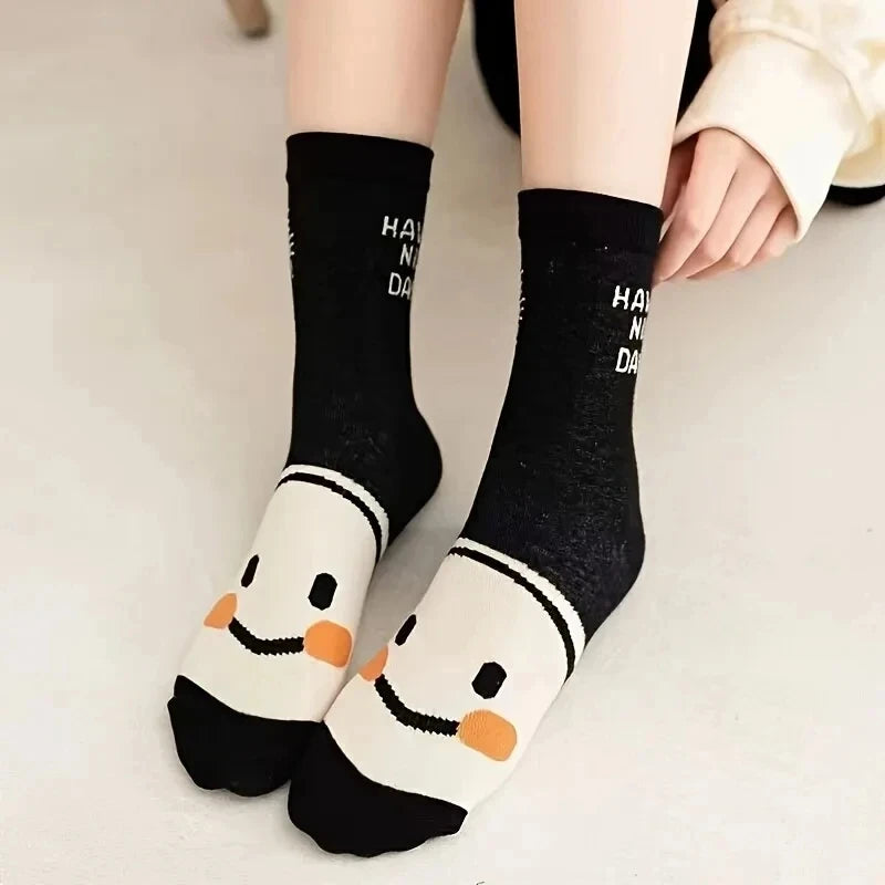 5/10 Pairs Happy Face Crew Socks , Cartoon Cat Breathable Cotton Mid Tube Socks, Women's Stockings & Hosiery - Matrix Studios