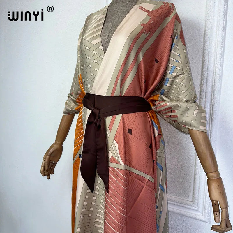 NEW WINYI Summer 2024 Print Middle East Kimono Beach Cover Up Dress Elegant African Women Boho Cardigan Holiday Maxi Abaya - Matrix Studios
