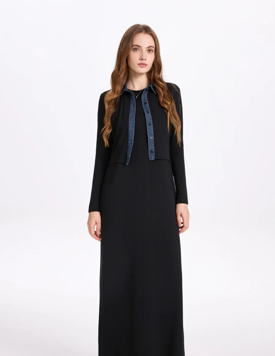 AS AW25 new design ribbing cardigan with denim collar + sleeveless maxi dress matching set for woman clothes - Matrix-studios.com