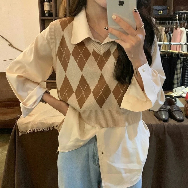 Autumn Fashion Female Vintage Plaid Sweater Vests Women's Tank Tops Knitted Crop Top Women Sleeveless Knitted Vest Waistcoat - Matrix Studios