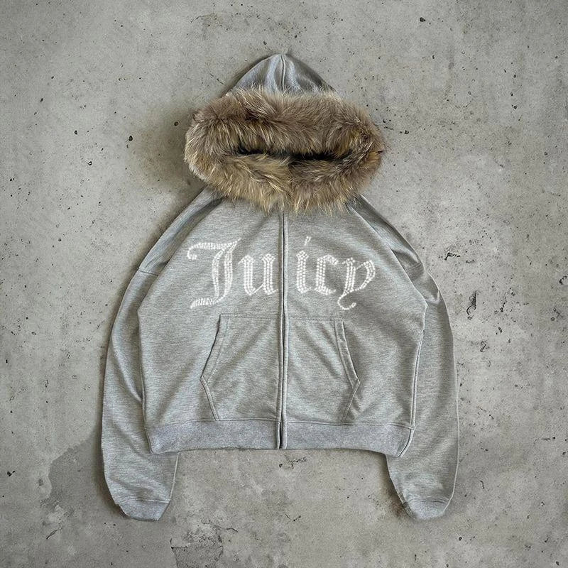 Harajuku y2k Millennial Hottie American retro fur collar piecing hoodie zipper hoodie female fall/winter hip hop zipper jacket - Matrix Studios