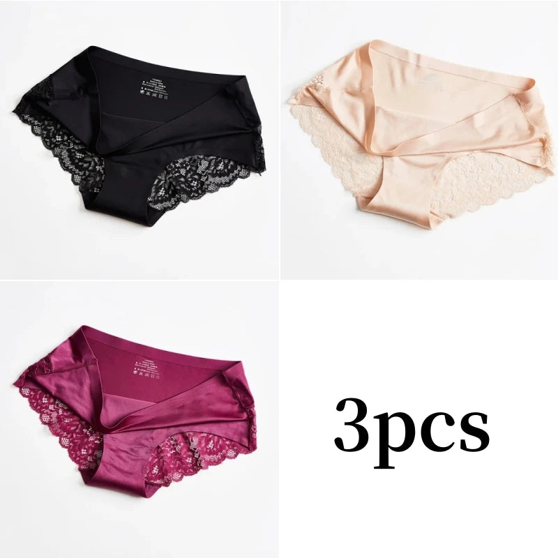 3pcs Lace Women's Panties French Seamless Underwear Female Ice Silk Briefs Solid Color Breathable Underpants Lingerie - Matrix Studios