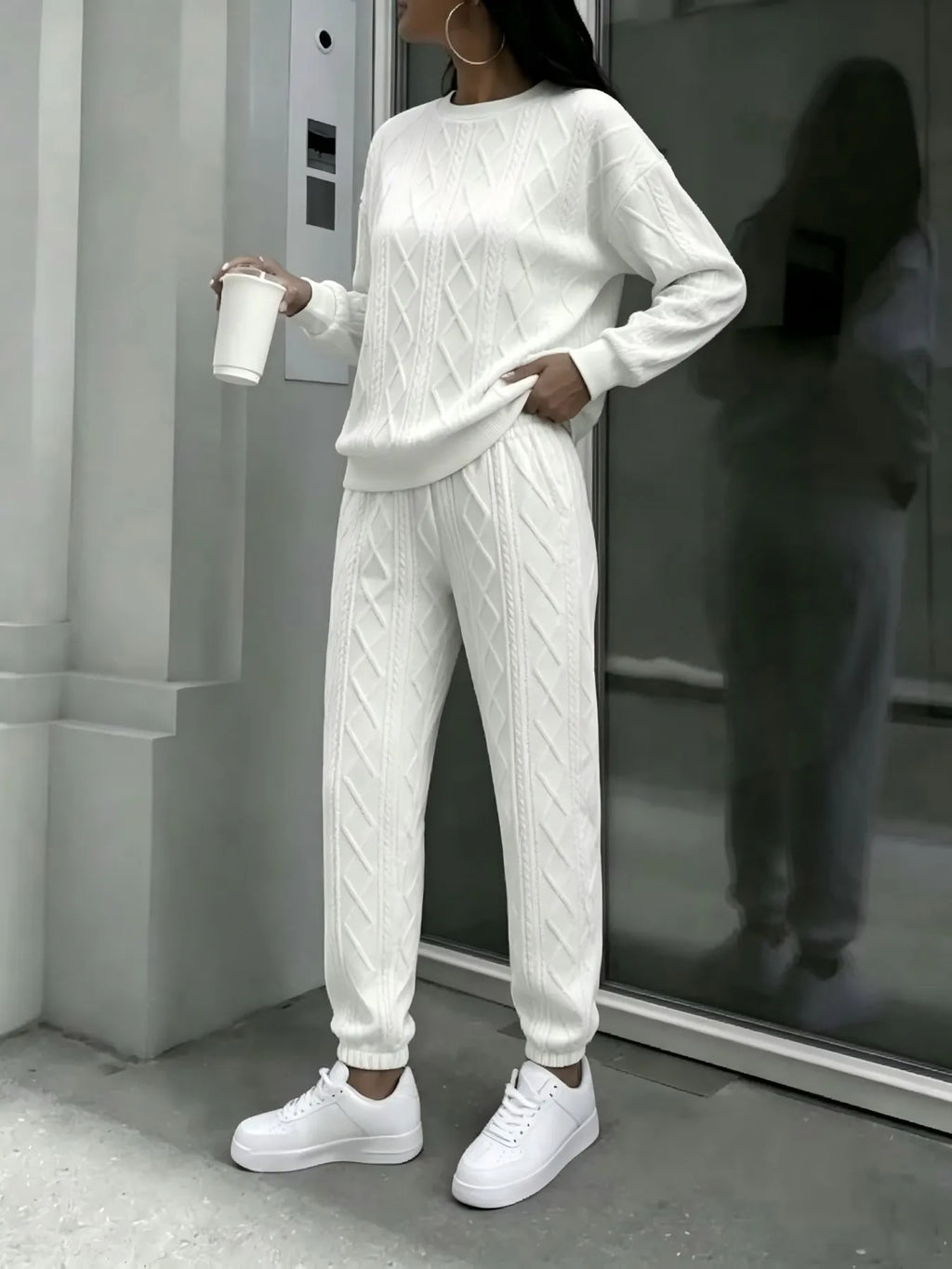 Women Cable Knit 2 Piece Outfit Set, Crewneck Long Sleeve Sweater Top & Drawstring Jogger Pants, Casual Loose Matching Loungewear Tracksuit For Street Daily Wear