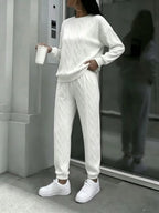 Women Cable Knit 2 Piece Outfit Set, Crewneck Long Sleeve Sweater Top & Drawstring Jogger Pants, Casual Loose Matching Loungewear Tracksuit For Street Daily Wear