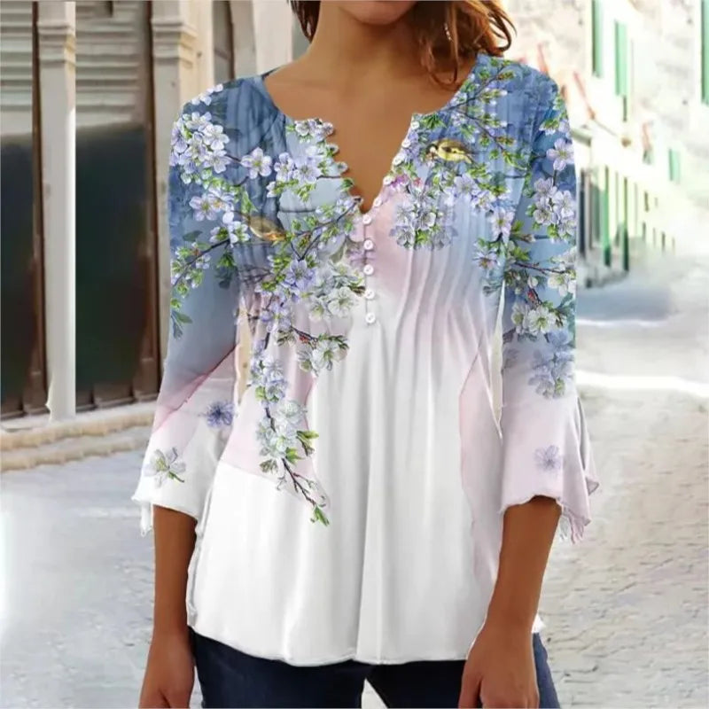 V-Neck Elegant Office Lady Blouses Tops Blusas 2024 Casual Trendy Summer Blouses Print Three Quarter Buttons Women Shirts S-3XL - Matrix-studios.com