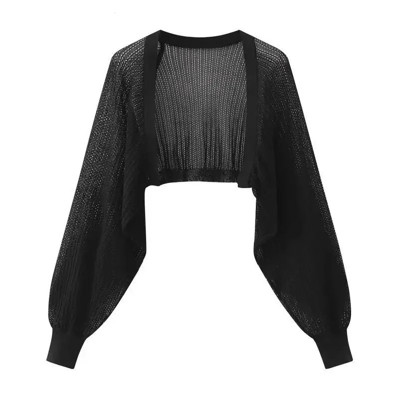 Open Front Pointelle Knitted Cardigan Women Bolero Crop Top Spring Summer Lightweight Blouse Cover Up Openwork Shawl Outfit - Matrix Studios