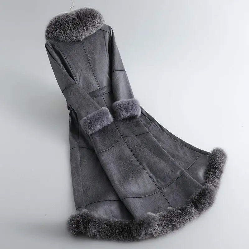 2023 Winter New Rabbit Fur Integrated Women's Coat Long  Genuine Leather Fur Fox Fur Collar Slim Fit Coat - Matrix Studios